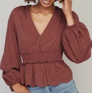 Old Navy Puff-Sleeve Embroidered Smocked Peplum Blouse Rust Size Large